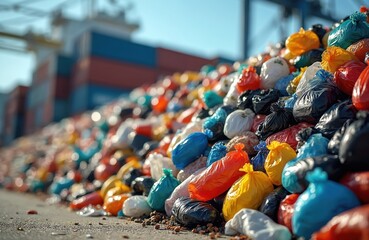 Fototapeta premium Plastic waste piles high at noisy port. Waste management issue, recycling, pollution, global environmental crisis, climate change, ocean. Colorful plastic bags stacked against cargo containers in