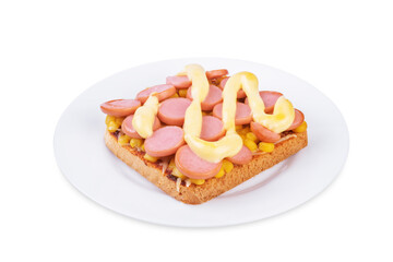 Cheese corn sausages baked sandwich in a plate on a white isolated background