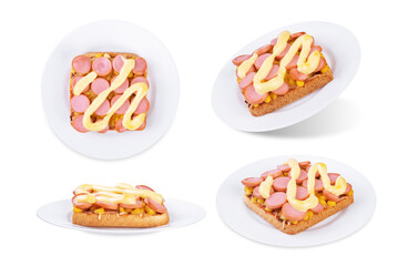 Cheese corn sausages baked sandwich in a plate on a white isolated background
