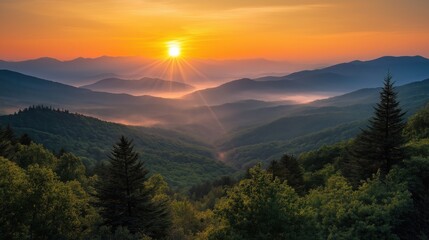 Fototapeta premium A breathtaking sunrise over a misty mountain range, featuring layered, hazy Blue Ridge Mountains
