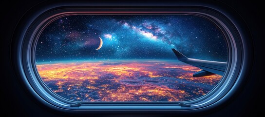 Airplane window view of night city lights, stars, moon, and galaxy.