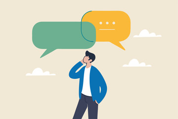 Second opinion, suggestion or advice to consider, reason or logical thinking, information to make decision or judgement concept, businessman think from listening to second opinion and make decision.