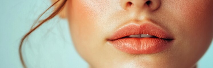 Fototapeta premium This stunning close-up showcases a woman's lips adorned with coral lip color, emphasizing soft textures and a natural glow. The image radiates beauty and elegance.