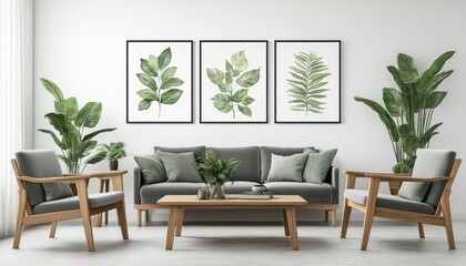 A simple living room with white walls, green plants, and framed botanical posters on the wall above an elegant wooden coffee table