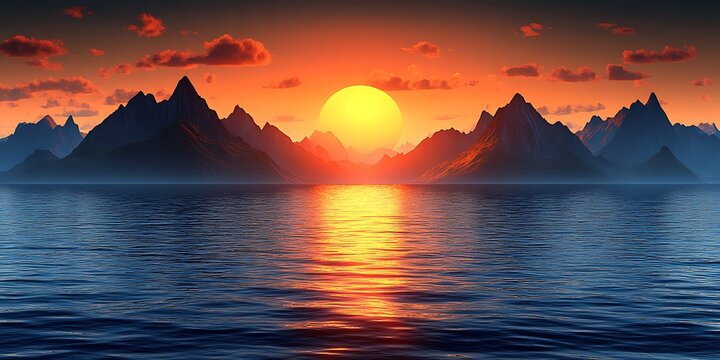 Vibrant sunset over tranquil ocean and majestic mountains.