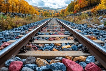 Autumnal railroad tracks receding into colorful forest.