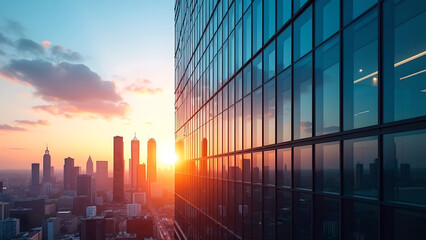  Sunset Reflections on Modern Office Building Facade - Evening Business Center Atmosphere
