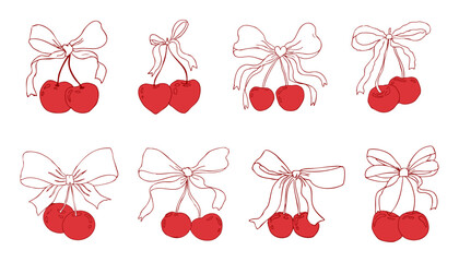 Cherry with bow coquette girly fruit, tie ribbon sketchy doodle drawing, y2k retro aesthetic. Whimsical cute cherry. 