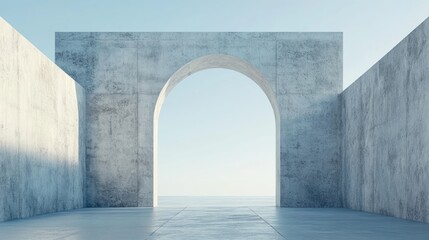 Abstract background of an open square with concrete walls and an arch on the horizon.