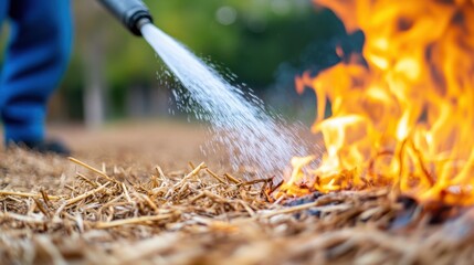 Obraz premium Someone extinguishing a small hay fire with water, low angle view, close-up shot of the hay.