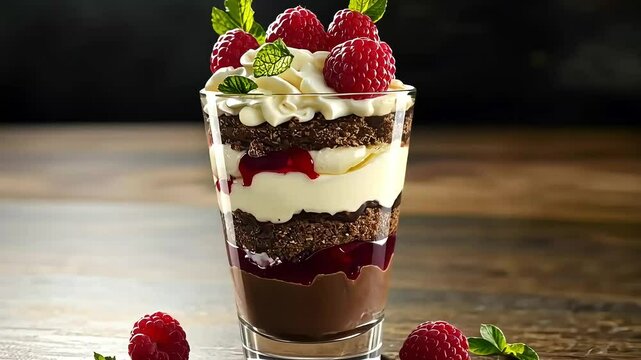 Delicious Layered Chocolate Parfait with Raspberries and Cream in a Glass on Rustic Wooden Table