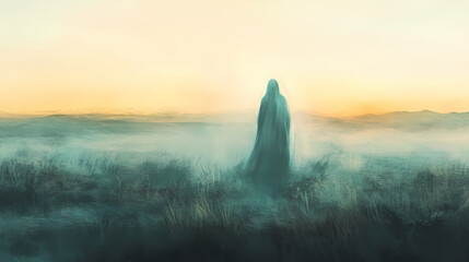 A ghostly apparition seen only at dawn, fading as the sunlight touches the earth. Fading Specter. Illustration