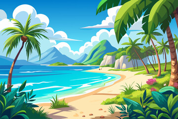 Obraz premium vector of Luxurious tropical landscape. White sand with palm trees and azure sea. A heavenly place to relax. Beautiful exotic summer beach background for design.