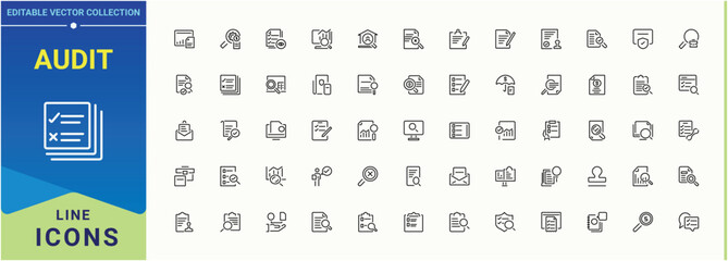 Audit icon. Related to magnify, assessment, finance, graph, check and more. Line icons with editable stroke. Inspect  related icon. Vector illustration. Pixel perfect.