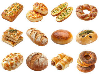 An Assortment of Freshly Baked Bread and Pastries Displayed on a White Background for Culinary Inspiration and Gastronomic Delights. Piquant food set.