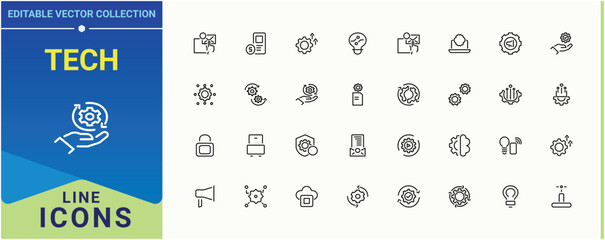 Tech vector line icon set. Includes thin line symbols ai, innovation, technology, development and more. Automation icon pack. Icons for UI design. Editable stroke vector art.