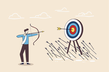Practice develop success, effort to improve and achieve target, mistake, failure and discipline to keep practice and reach goal concept, businessman practicing archery with mistakes until success.