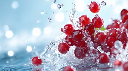 Red grapes with water splashes and bokeh lights in a cool environment