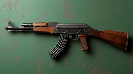 Obraz premium Ak 47 mounted on a green wall. Beautiful background. Military concept․