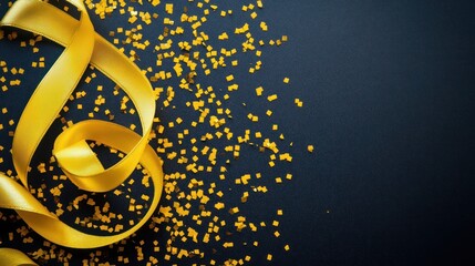 Obraz premium Abstract yellow confetti and ribbons on a black background