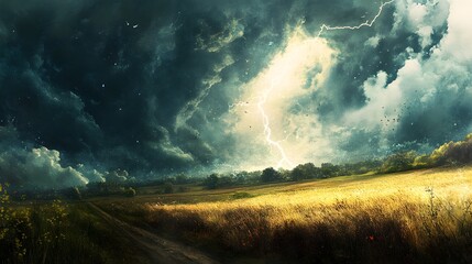 Fototapeta premium Dramatic Stormy Weather Landscape with Lightning and Dark Clouds