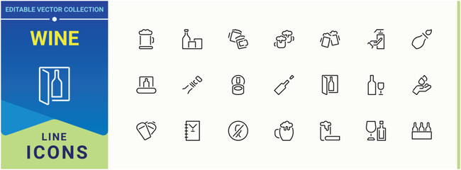 Wine related icon set. Contains related to whiskey, restaurant, beverage, beer and more. Alcohol icon set. Modern vector UI icons. Pixel perfect. Editable vector.