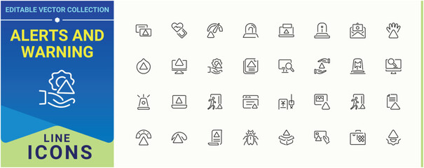 Set of Alerts line icon. Contains related to exclamation, aware, siren, attention, notification and more. Isolated icons. Warn icon set. Art and illustration.
