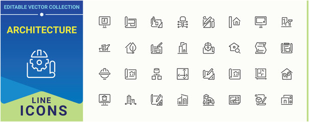 Architecture line icon set. Includes symbols for engineer, plan, house, architect, drawing and more. Architectural icon set. Outline icons in linear style. Vector illustration.