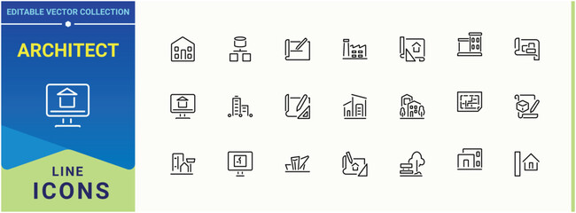 Architect line icon set. It contains symbols to drawing, project, engineer, engineering, design, home. Architectural icon set. Minimalist linear icons. Art and illustration.