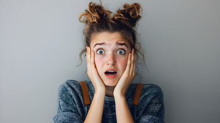 Frightened girl expresses shock indoors placing hands near face displaying panic and surprise