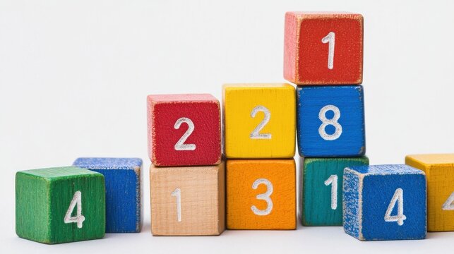 Vibrant wooden blocks arranged with numerical values on a white background