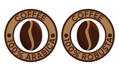 100 arabica icon. 100 robusta label. Premium coffee blend vector illustration. Coffee beans emblem, badge, sign, stamp or seal for product packaging isolated.