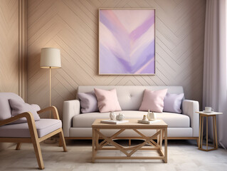 Modern minimalist living room with wall panelling in light wood color and lilac color accents in interior. Living room with wall panels, couch and simple minimalist decor