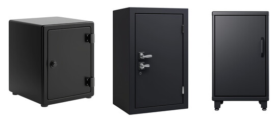 Three black safes with different designs, isolated on a white background for secure storage solutions.