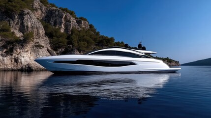 Fototapeta premium Luxurious white yacht moored near cliffs. Coastal scenery