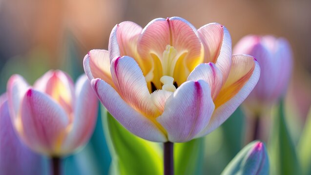 Close-up of open tulip with pink-white petals, yellow heart, sunlight