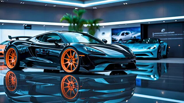 Shiny black sports car with orange rims displayed in luxury modern car showroom