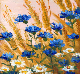 Cornflowers in a wheat field. Oil painting © Marina