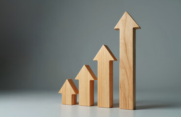 Wooden arrow blocks pointing upwards. Symbolic of growth progress. Concept of business strategy, career, success, financial rising. Gradual development. Unidirectional trend. Solid foundation,