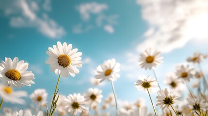 White Daisies in a Field Under Blue Sky with Clouds