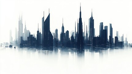 Naklejka premium Abstract cityscape silhouette with modern architecture against bright sky backdrop