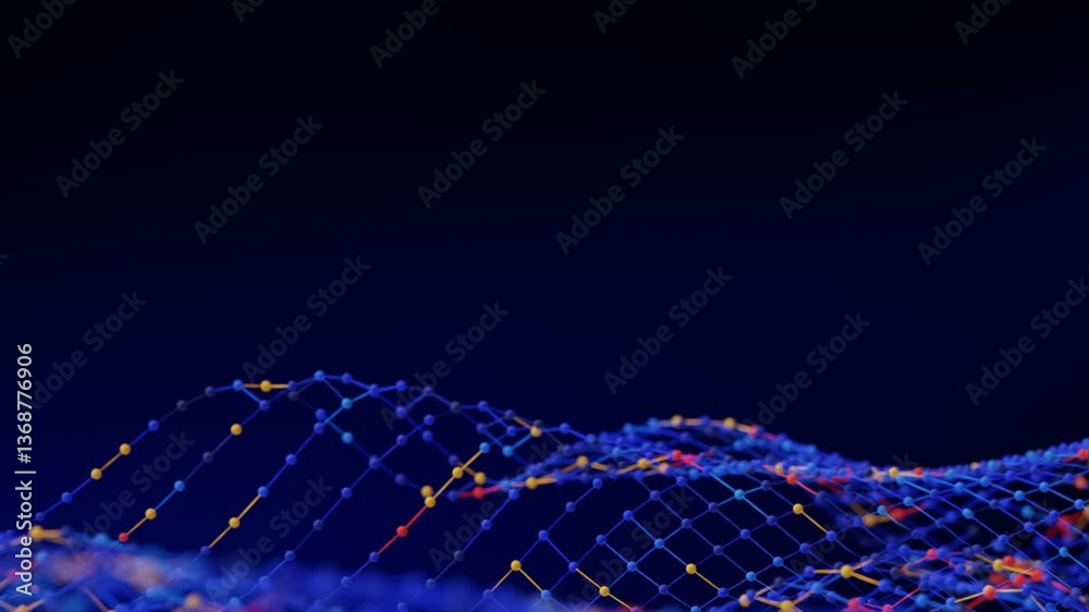 Poster visualize a data network and digital mesh forming a tech grid with a connection structure resembling