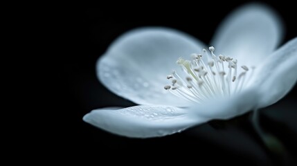 Fototapeta premium Close-up of a delicate, white flower with water droplets, in soft focus against a black background