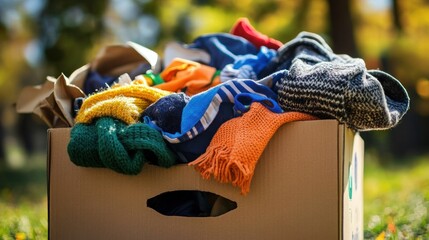 Overflowing Cardboard Box Filled with Gently Used Clothing for Donation Drive