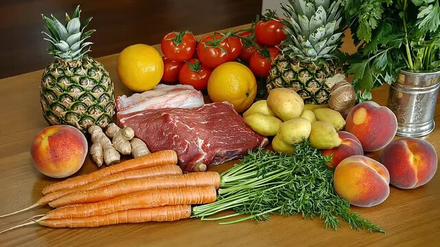Fresh Assortment of Colorful Fruits and Vegetables on Wooden Table for Healthy Cooking