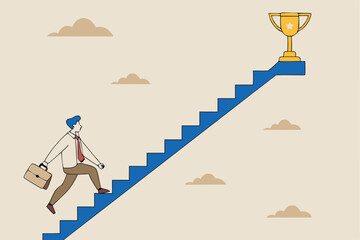 Small steps to success, challenge improve career and achieve target, journey, aspiration to reach goal, patience and persistence concept, businessman walk up small step stair to reach trophy reward.