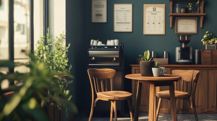 Cozy Coffee Shop Interior with Wooden Furniture and Modern Equipment