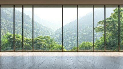 Naklejka premium Empty room interior with a large window and a green forest landscape view