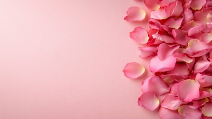 Rose petals adorn a pink backdrop, casting gentle shadows and soft details