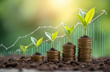 Seedlings growing coin stacks, representing finance investment profit. Business growth concept with rising arrow graph. Financial success, wealth, investment. Ideas of business, banking, money,